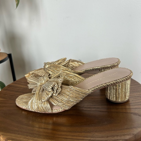 Loeffler Randall Emilia Slide Gold Bow Low Round Heel Crinkle Sandals Size 7.5 - Picture 8 of 12